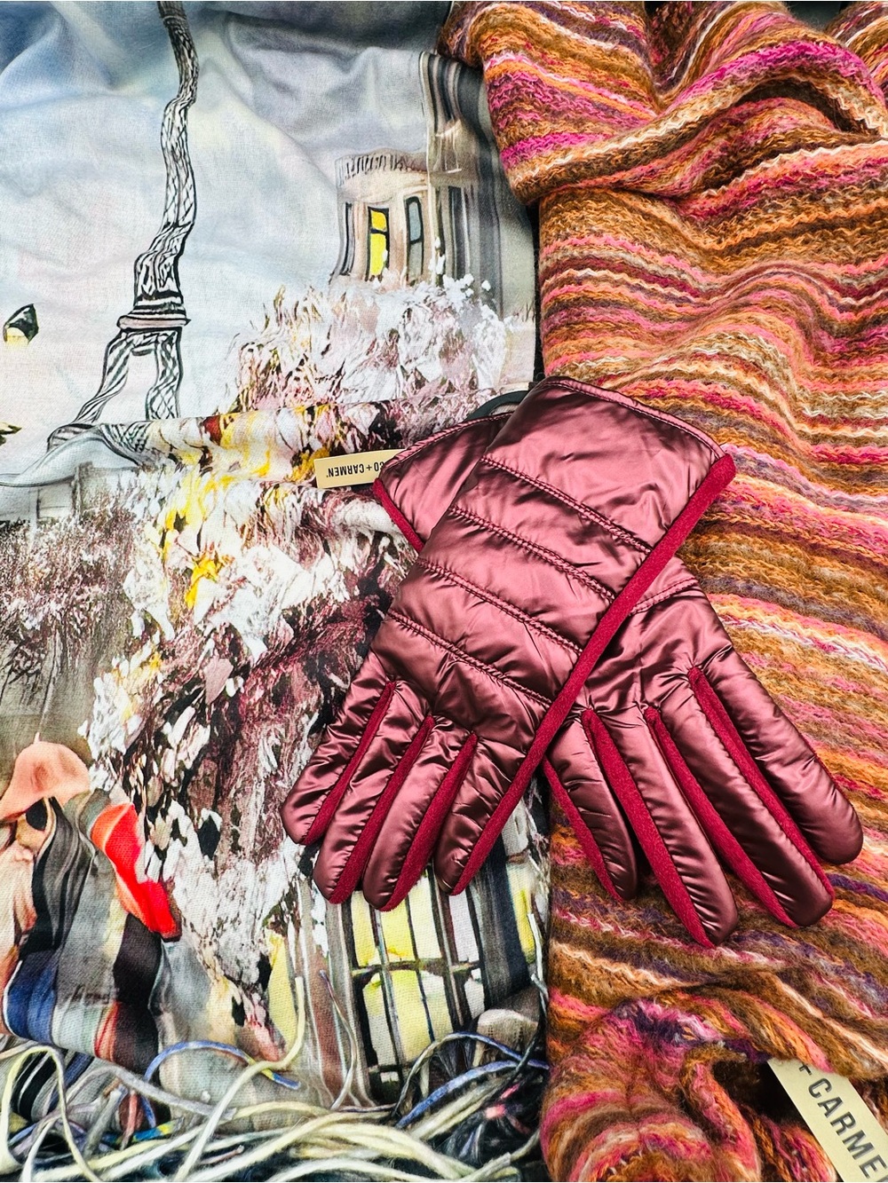 COCO + CARMEN 3 Pc Set Reversible Paris & Watercolor Scarf Poncho Set w Gloves